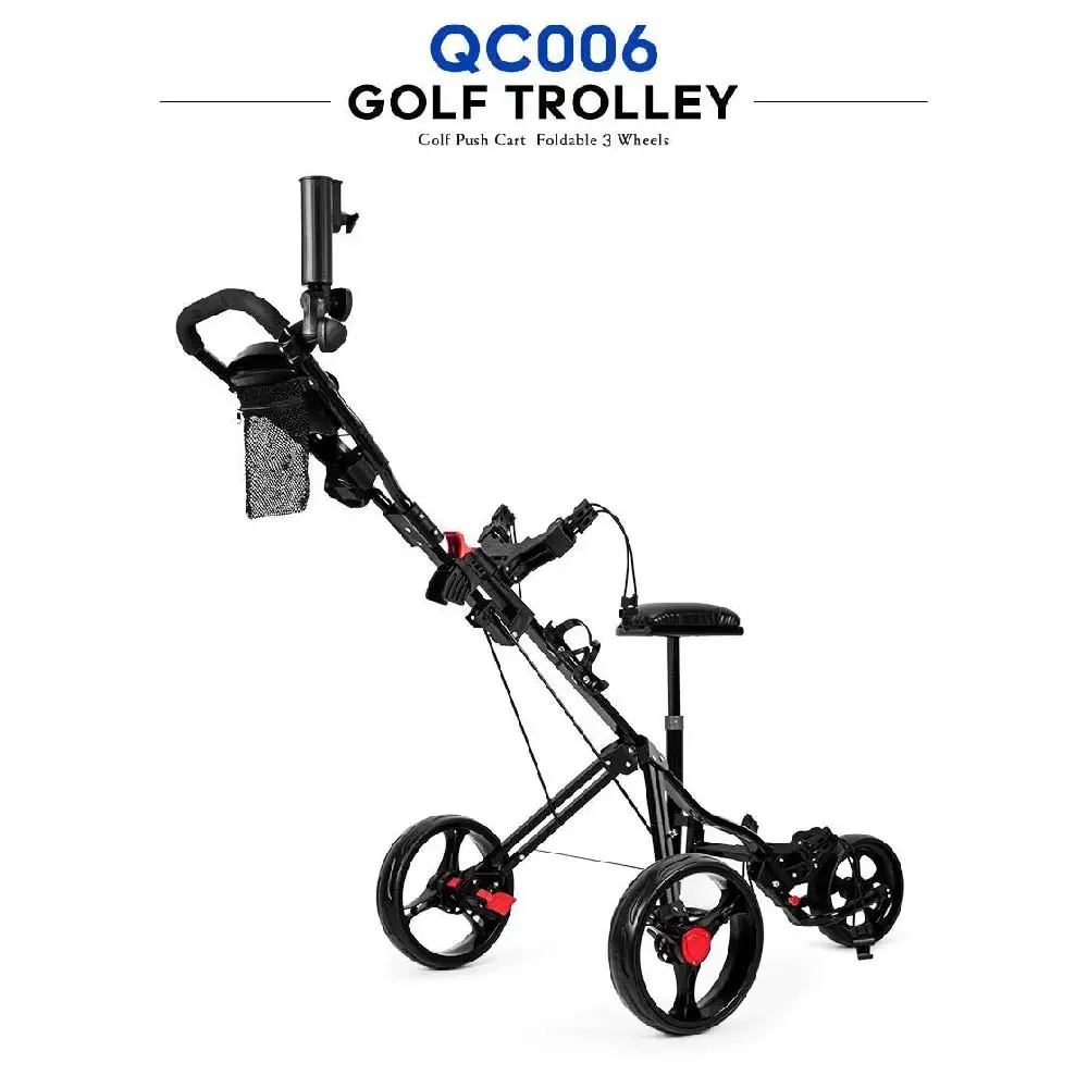 Golf Cart, 3 Wheel Folding Golf Cart with Foot Brake Umbrella and Cup Holder with Seat, Light Trolley Adjustable Handle