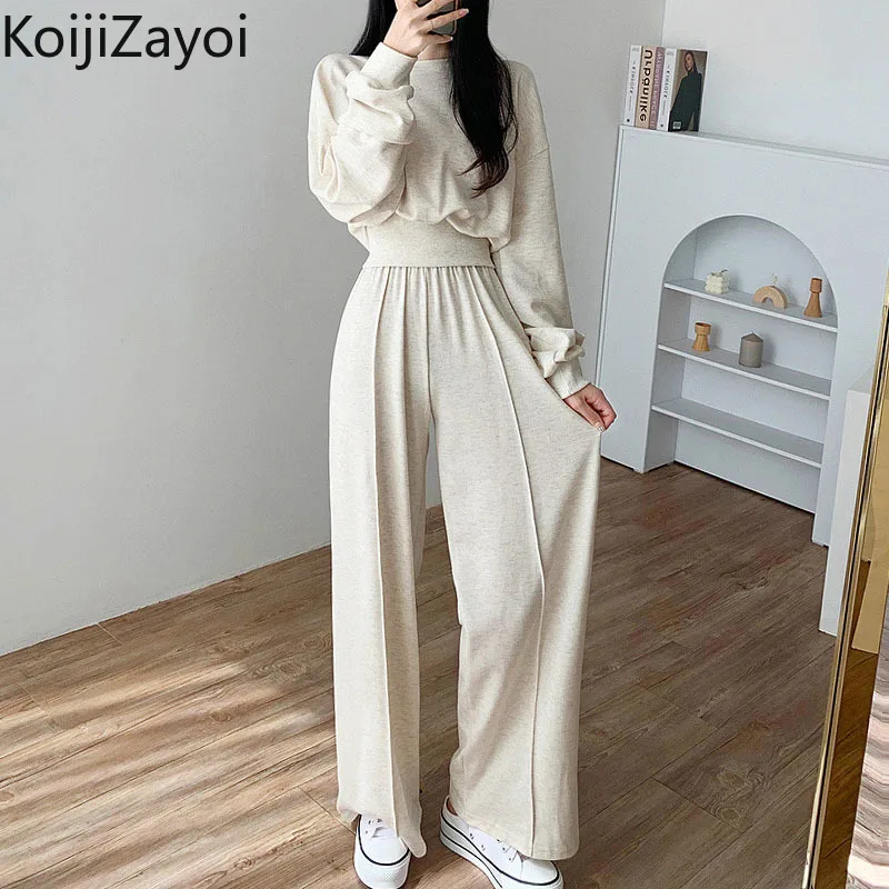 

Koijizayoi Sport Women Solid Two Pieces Set Running Sweatshirt Cropped High Waist Long Pant Loose Outfits Spring Autumn Suit