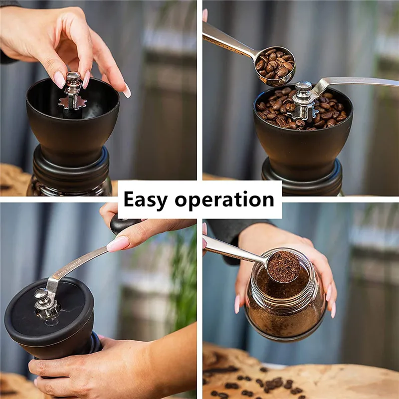 Manual Coffee Bean Grinder With Ceramic Burr, Hand Coffee Grinder Mill Small  With 2 Glass Jars A Cleaning Brush And 4 Stainless Steel Measuring Spoons(  Glass Jar Diameter 9cm) Stainless Steel Handle