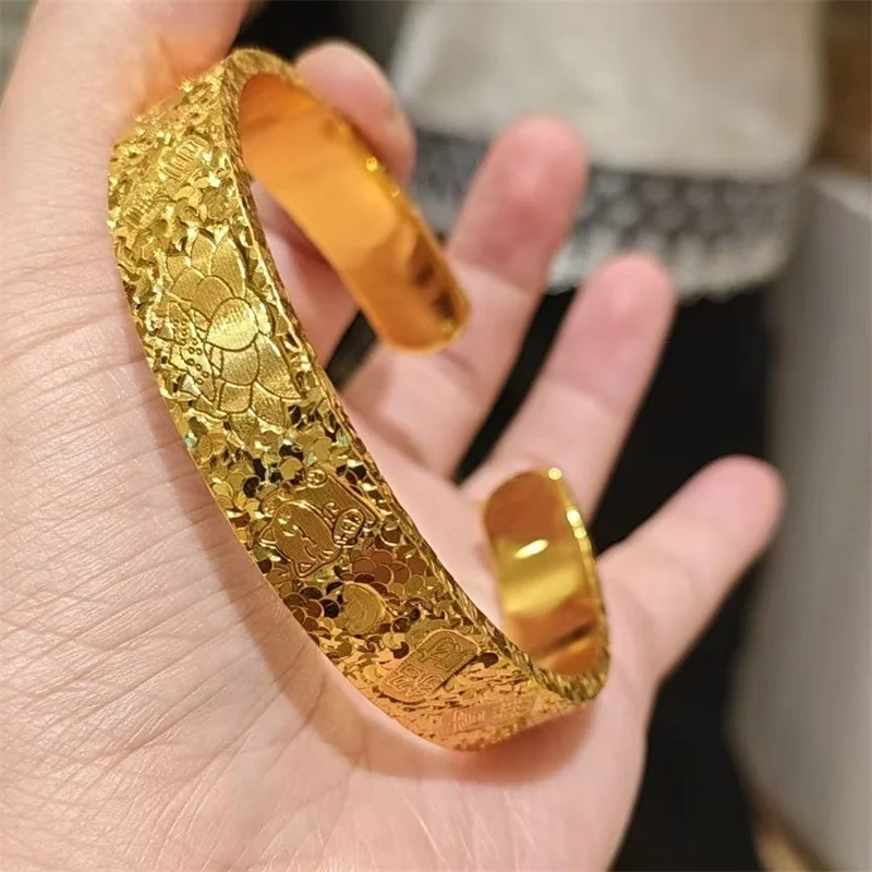 AU999 Gold Lotus Fragmented Ice Yanji Women's Bracelet, Ethnic Style 24K Gold Exaggerated Atmospheric Fashion Jewelry Gift