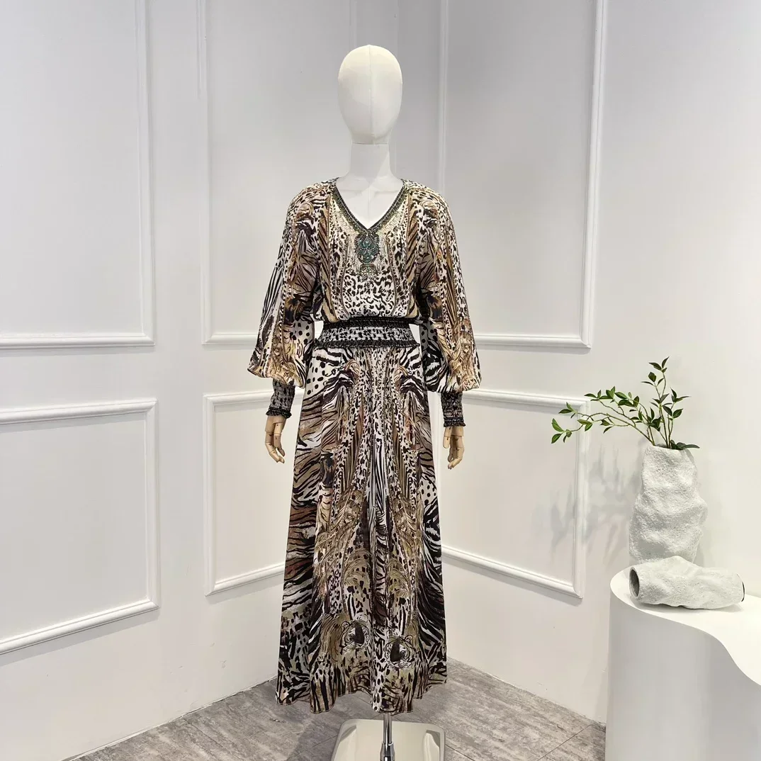 

2023 New Collection High Quality Vintage Loepard Printing Diamonds Pressed Long Sleeve Elastic Waist Women Midi Dress