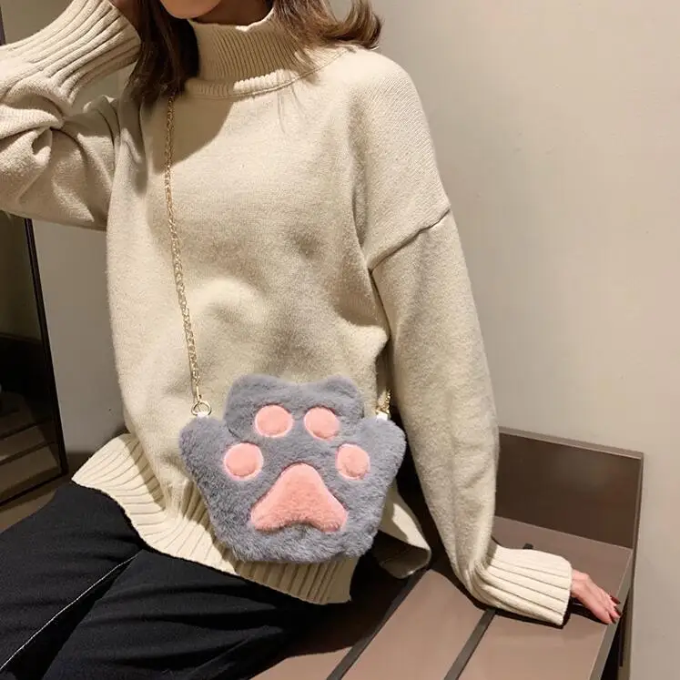 Cute Bear Paw Girls Chain Zipper Shoulder Bag Lovely Children's Soft Plush Coin Purse Baby Boys Accessories Small Crossbody Bags coin purse shoulder bags