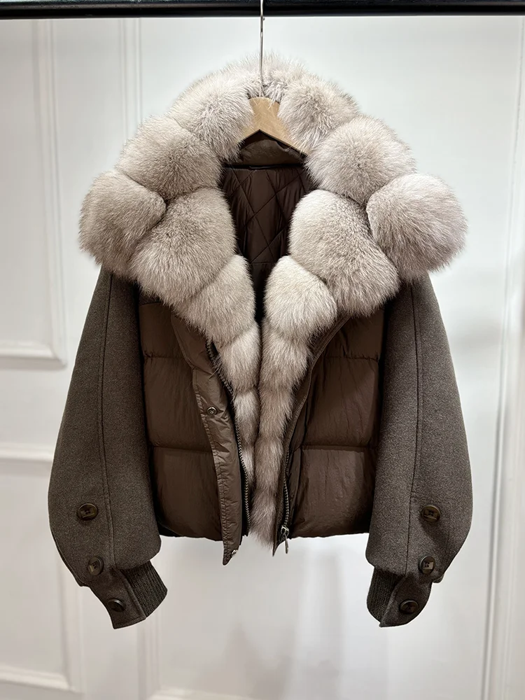 Lagabogy 2026 Natural Real Fur Collar Down Coat Women Thick Puffer Jacket Autumn Winter Loose Patchwork Sleeves Female Parkas