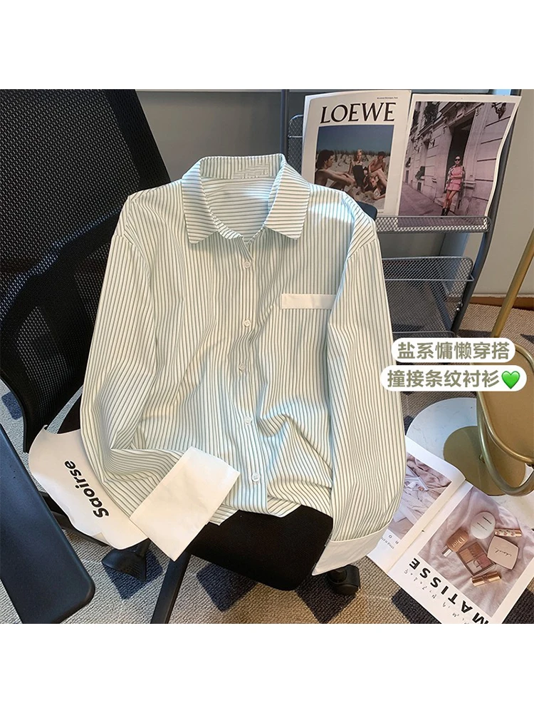 

Women's Striped Shirt Blouses Korean Harajuku Y2k 90s Aesthetic Vintage Elegant 2000s Long Sleeve Shirt Top Clothes 2023 Autumn