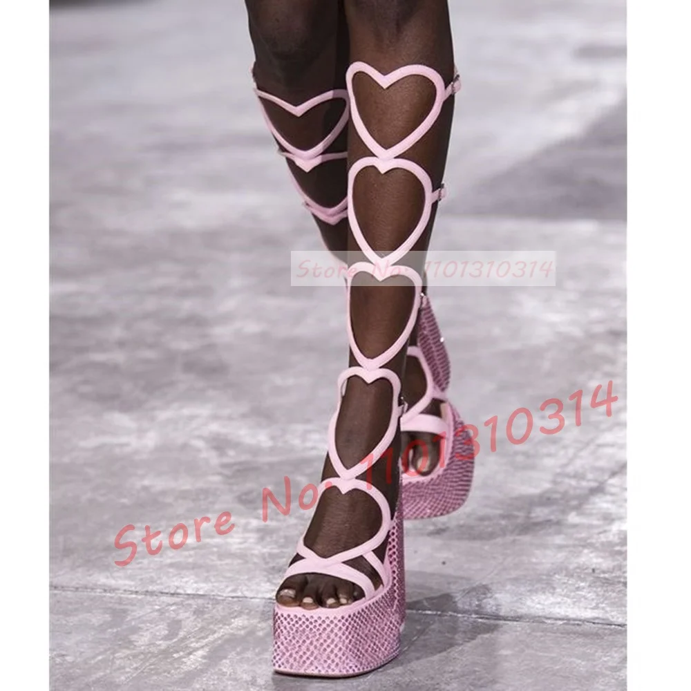 

Pink Heart Puttee Platform Sandals Women Sweet Runway Crystal Chunky Heel Shoes Dazzling Luxury Elegant Silver Knee High Sandals