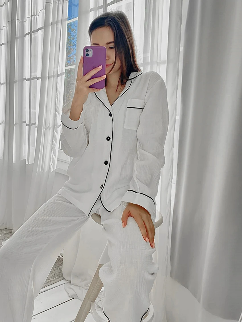 Marthaqiqi Casual Female Pajamas Suit Sexy Turn-Down Collar Sleepwear Long Sleeve Nightwear Pants Loose Home Clothes For Women