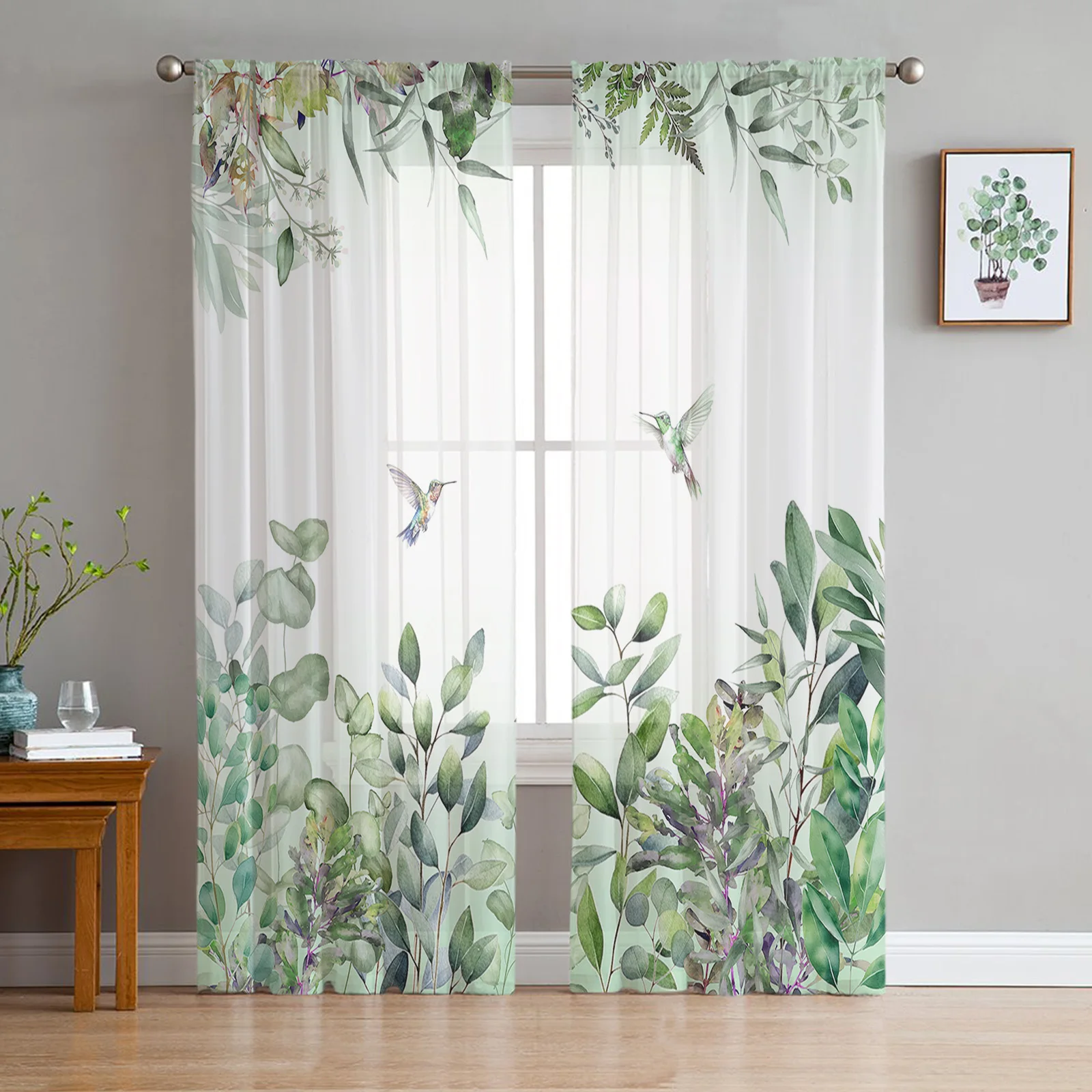 

Watercolor Plant Leaves Hummingbird Green Tulle Voile Curtains for Bedroom Living Room Window Curtain Sheer Organza Drapes