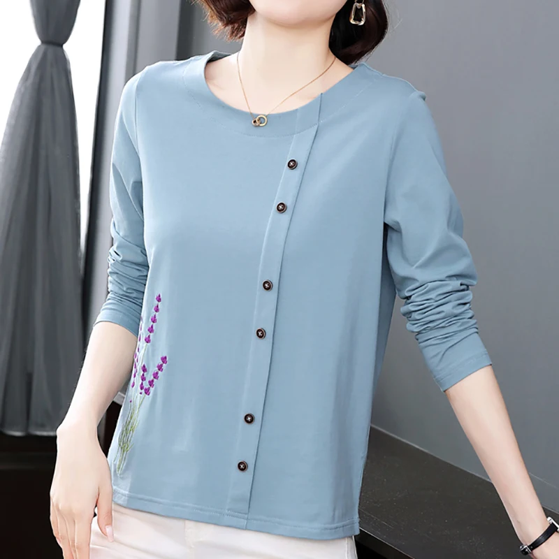 

Korean Fashion Embroidery T Shirt Women Tops Spring Autumn Womens Clothes Casual Loose Cotton T-Shirts Long Sleeve Tees Female