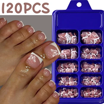 120pcs White Butterfly French False Toenails 12-Size Short Square Summer Acrylic Fake Toe Tips Nude Pink Glossy Press On Toenail