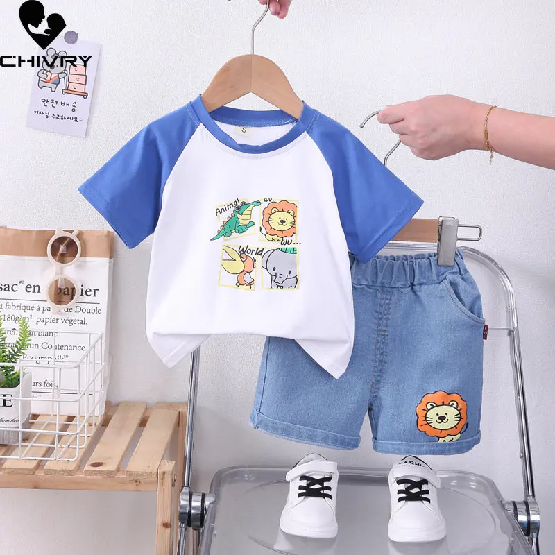 

New 2023 Baby Boy Summer Short Sleeve Round Neck Cute Cartoon Animal Print T-shirt Tops with Denim Shorts Boys Clothes Sets
