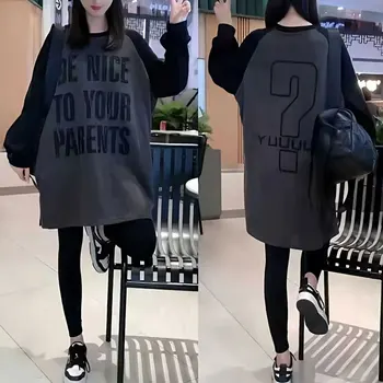 O넥 캐주얼 스플라이싱 올매치 풀오버, 한국 레터 프린트 미디 스웻셔츠, 용수철 가을 신상, 출퇴근 루즈한 여성 의류