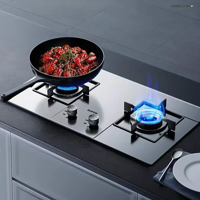Gas stove. Double burner. Household embedded. Gas-compatible. Tabletop cooker. Useful kitchen tool.