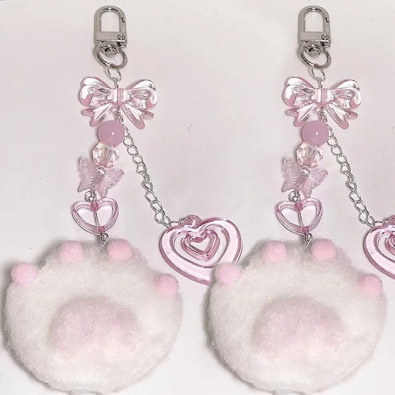 Cute Plush Cartoon Cat Claw Keychain Soft White Pink Key Ring Pendant Backpack Car Pendant Decoration Keyholder Lolita Girls