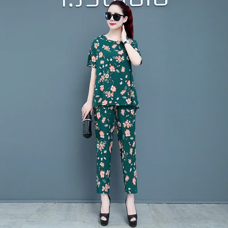 

Women Two Piece Sets Summer Short Sleeve T Shirts and Ankle-Length Pants Print Casual Women Blouses