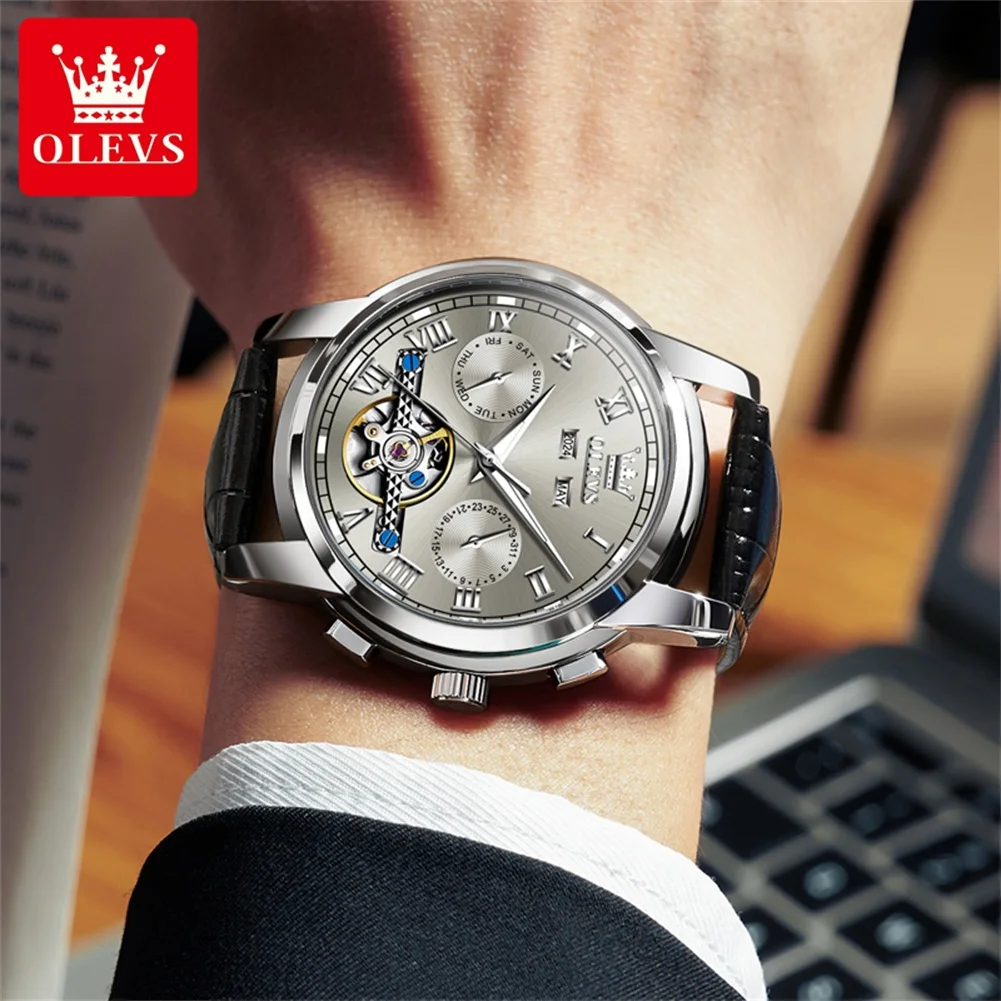 OLEVS 6607 Men Watches Tourbillon Dial Dual Calendar Display Luxury Automatic Watch