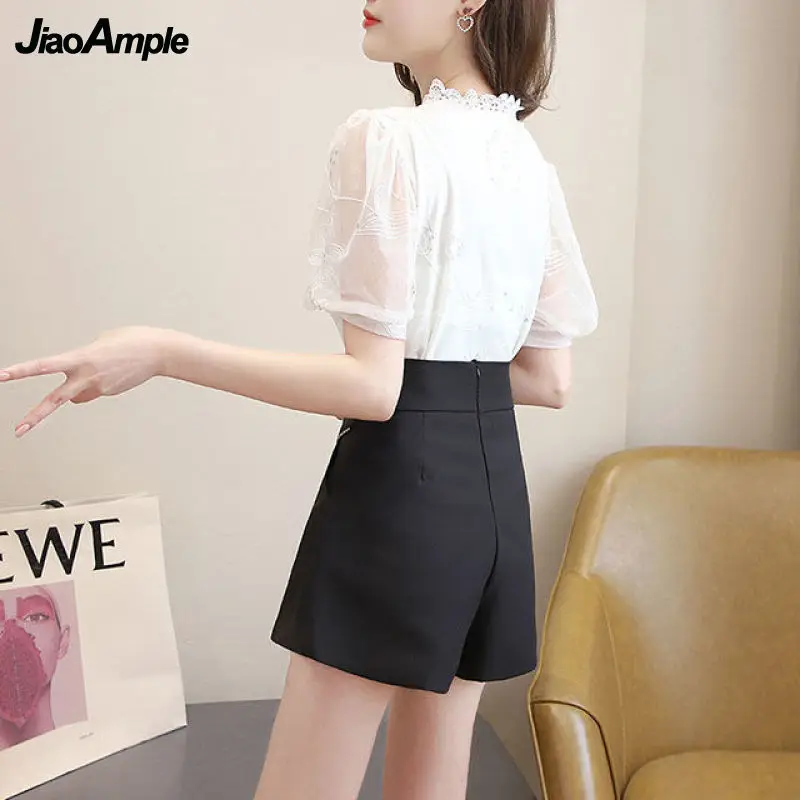 Women's Summer Fashion Lace Tops Wide Leg Shorts Two Pieces Korean Elegant V-Ncek Blouse Shirts High Waist Black Pants Suits