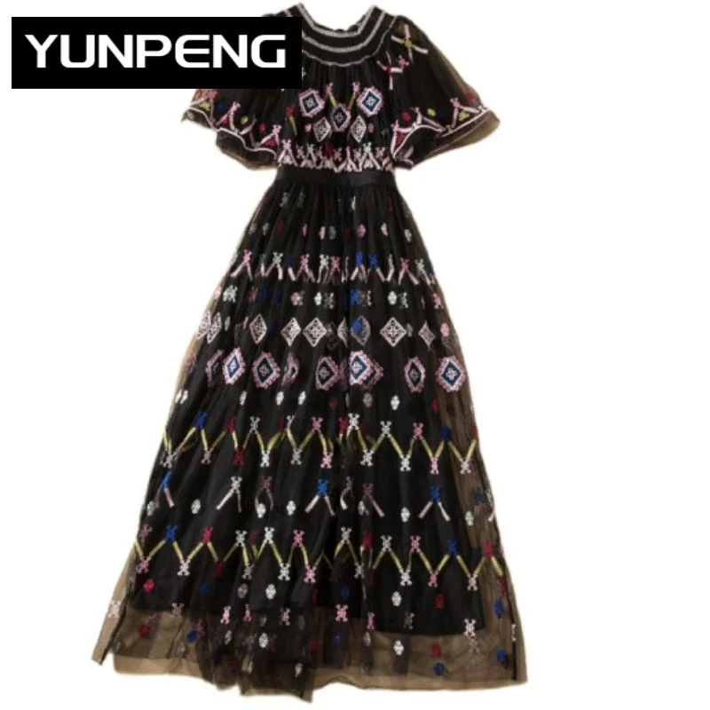 

Dresses For Women 2023 Elegant High Quality Luxury Designer Maxi Summer Short Sleeves Vintage Mesh Embroidery Lace Long Dress