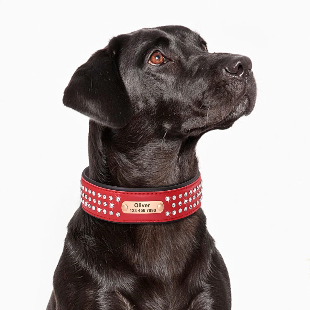 Bling Rhinestone Dog Collar Personalized PU Leather Dog Necklace Soft Padded Crystal Collars Free Engraved For Medium Large Dogs