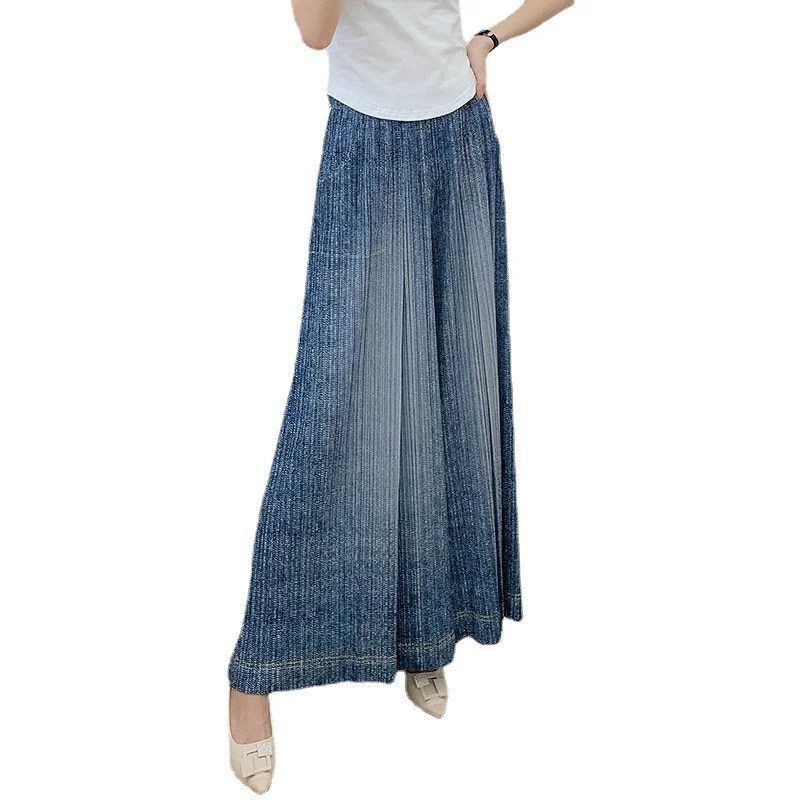 Miyake Pleated Pants Women's Imitation Denim Wide-leg Pleated Pants Casual Loose Straight Trousers 2023 Autumn New Style