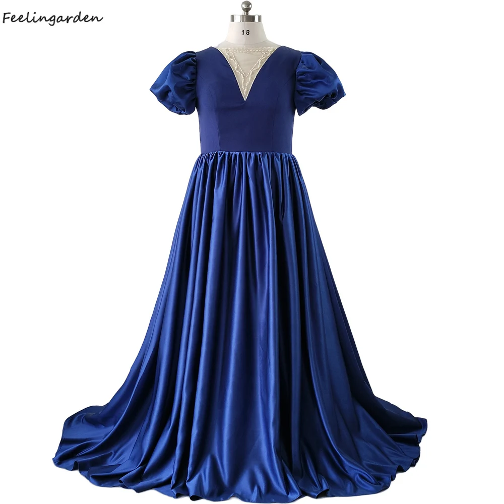 

Feelingarden Evening Dress Navy Blue Beading Floor Length Zipper Back O-Neck Short Sleeves Plus Size Women Party Dresses B2646