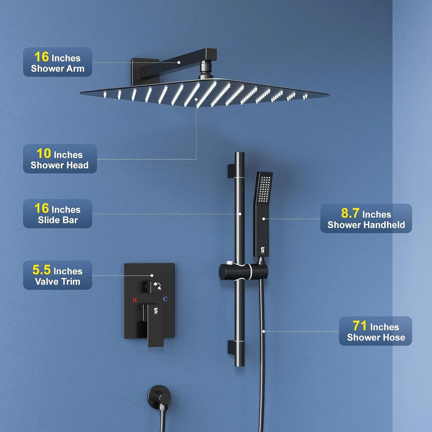 10 Inch Slide Bar Shower Faucet Luxury High Pressure Shower Heads and Handheld Spray Combo Set Wall Mounted Shower 6