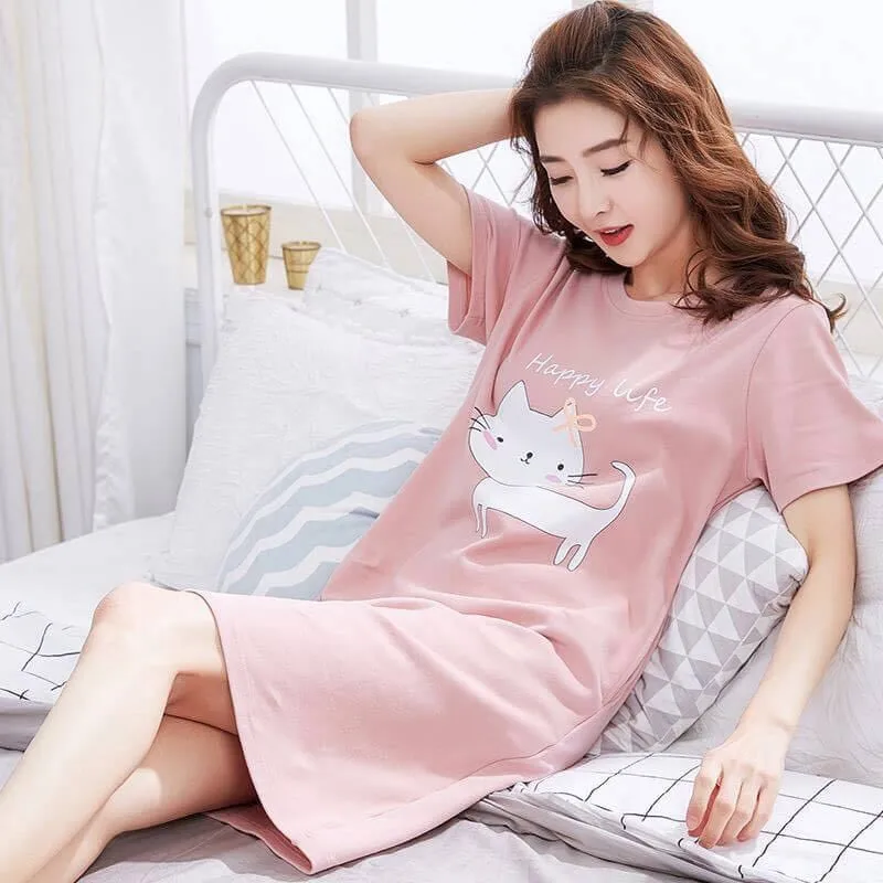 Sommerliches, dünnes, kurzärmeliges, lockeres Damen-Nachthemd mit Cartoon-Motiv, Übergröße, bequeme Hauskleidung, Freizeitkleidung, Rundhals-Pullover – Detail 7