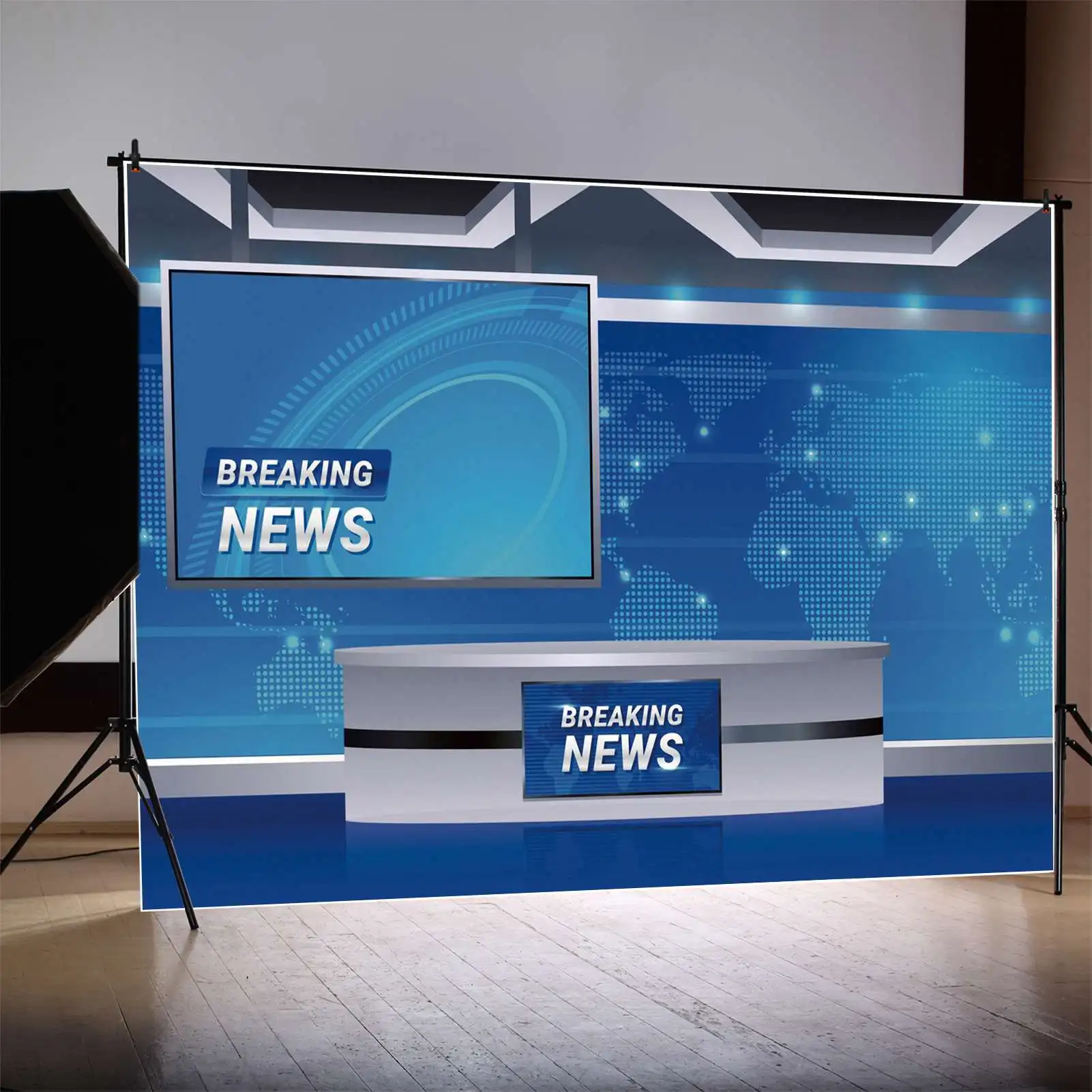 Moon.Qg Fondale Teletorium Direct Broadcasting Room Breaking News Stage Background Blue Tv Video Wall Home Studio Photo Booth