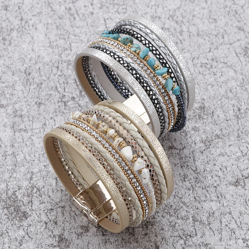 ALLYES Natural Stone Leather Bracelet Women Charm Retro Multilayer Crystal Snake Skin Wide Bracelets & Bangles Jewelry Gifts