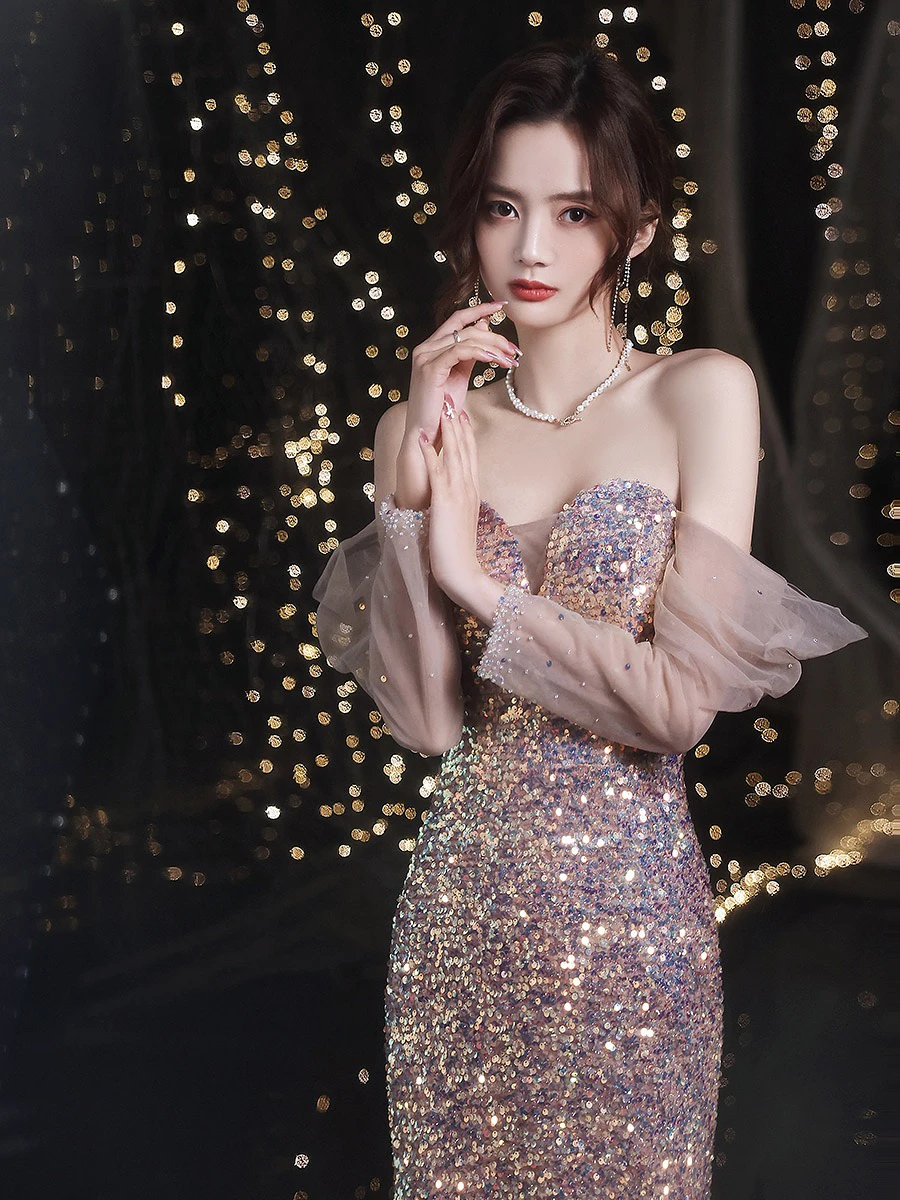 

Sexy Shiny Evening Dresses Strapless Backless A-Line Slim Waist Mermaid Floor Length Female New Party Celebrity Prom Gowns