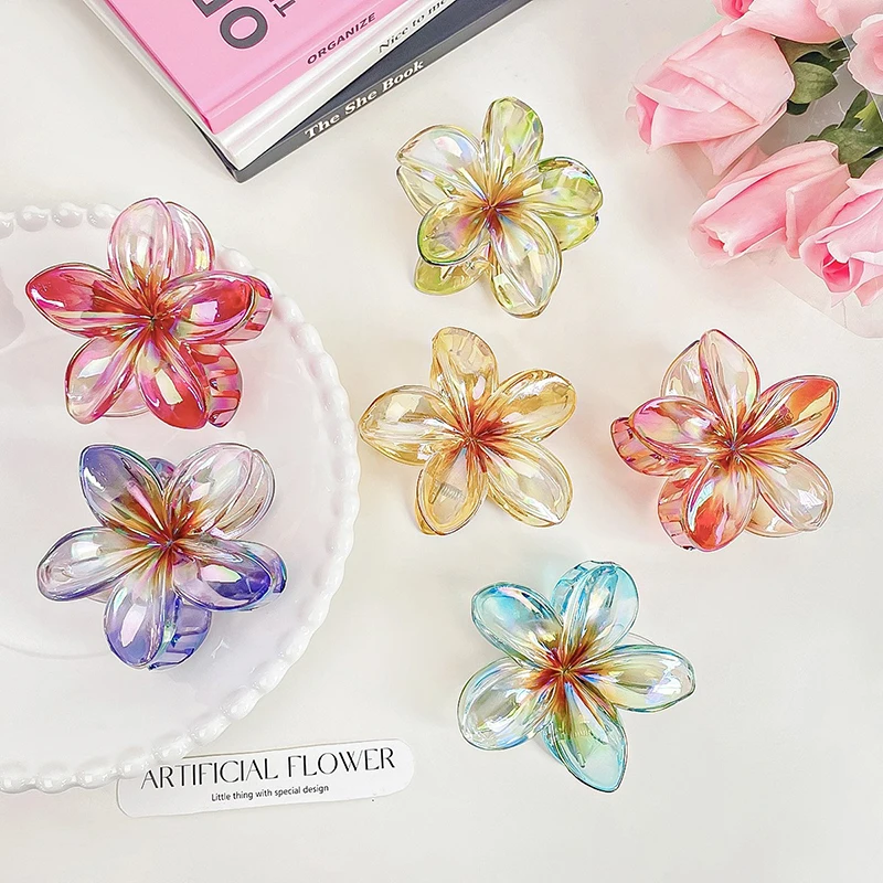 Neue, große Acryl-Haarspange mit Farbverlauf und Blume für Damen, süße Haarspangen im Krabbenstil, Haarklammern, hawaiianische Kopfbedeckungen_voghion.com