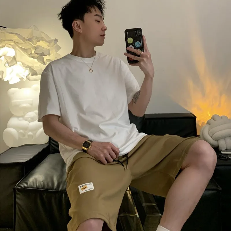 Summer Casual Shorts Men Solid Color Loose Knee Length Drawstring Straight Shorts Japanese Style Fashion Daily Outer Shorts Male