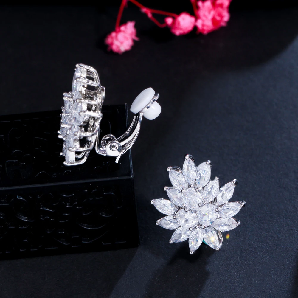 CWWZircons New Designer Flower Shape Stunning Cubic Zirconia Crystal Women Ear Clip on Earrings Without Piercing CZ196 5