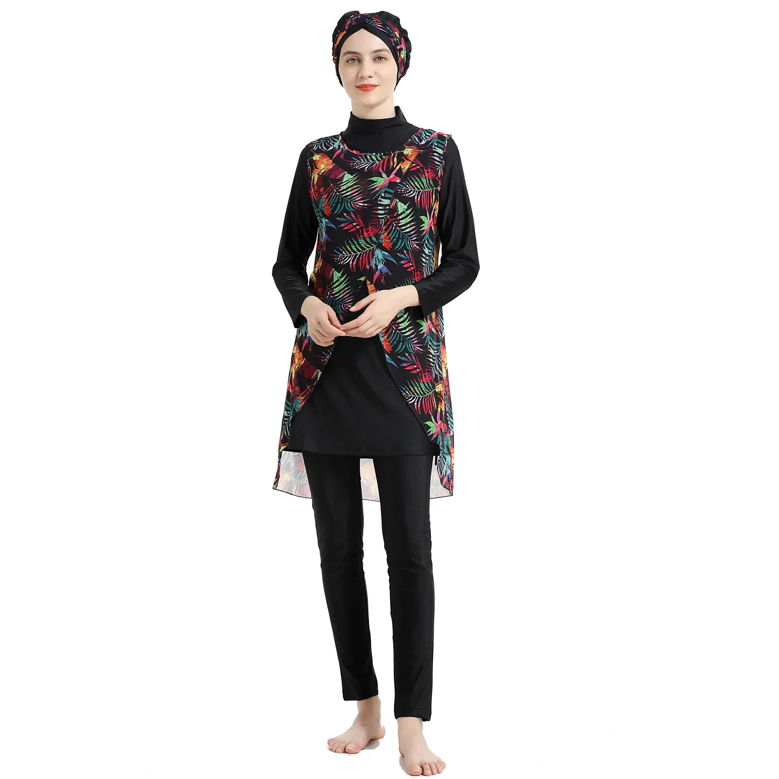 4PCS/Set Swimwear Floral Muslim Swimming Suit for Women Burkini with Pareo Printing Four-piece Swimsuits Borkini Femme Musulmane