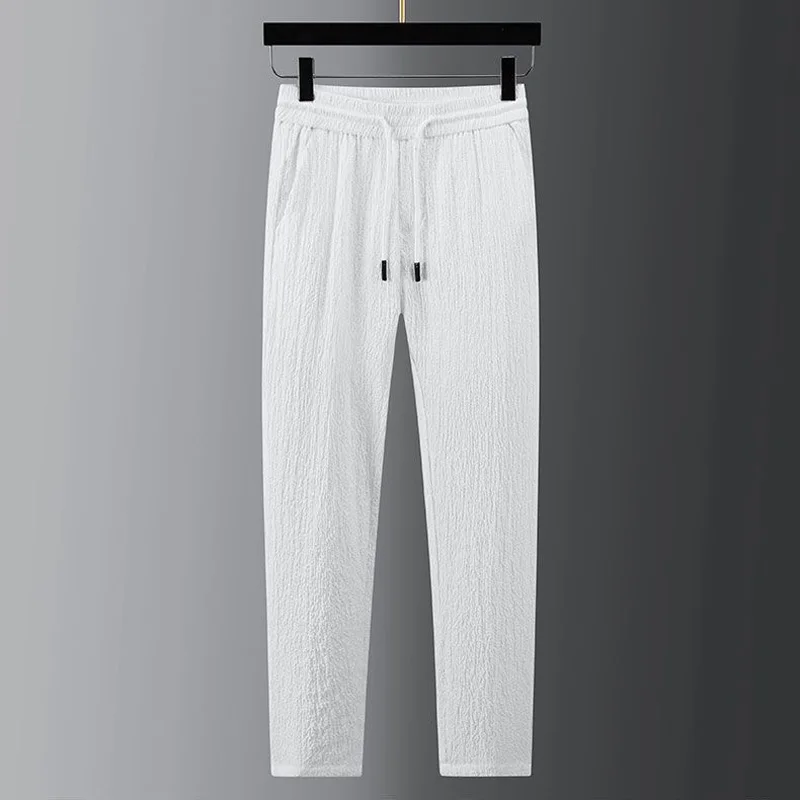 Spring/Summer New Casual Light Thin Set For Men Stripe Standing Neck Man Shirt Paired With Pants Style White Suit 2024 Autumn 3