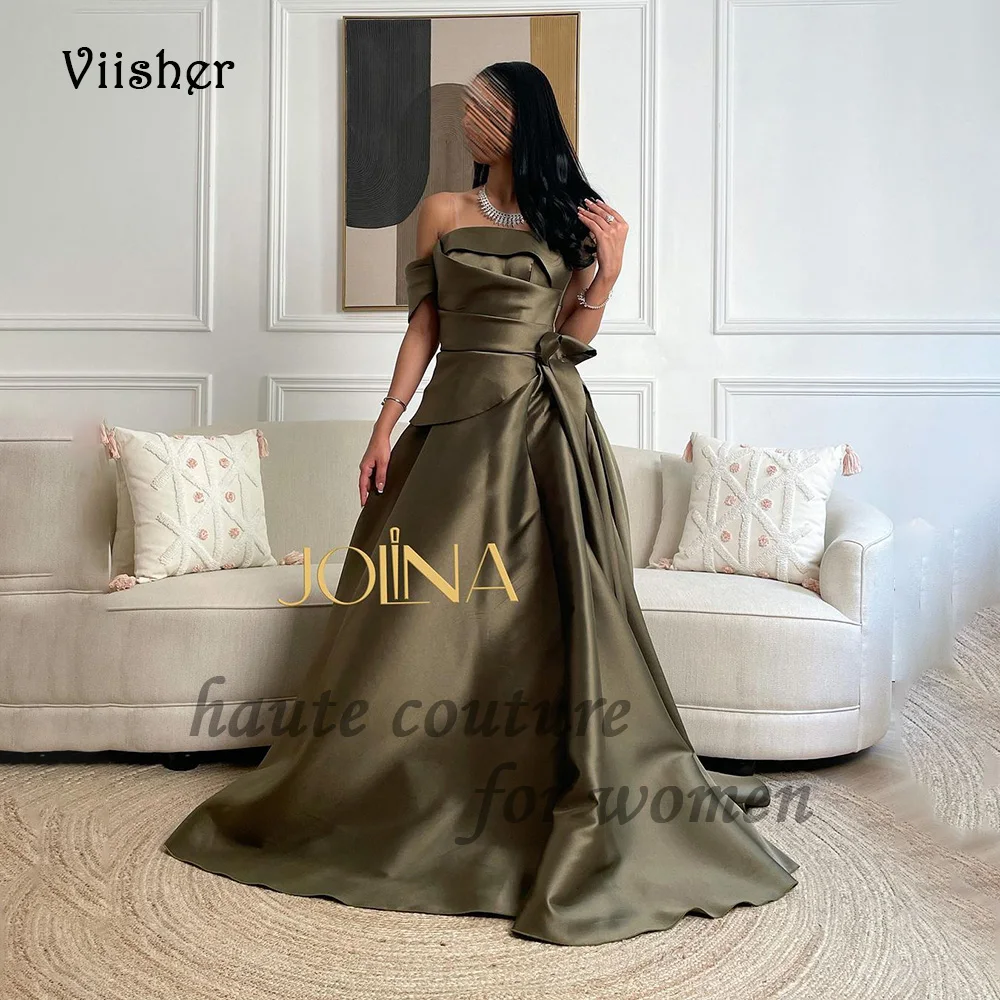 

Olive Green Satin One Shoulder Evening Dresses Strapless A Line Arabic Dubai Prom Party Dress with Train Long Formal Gowns