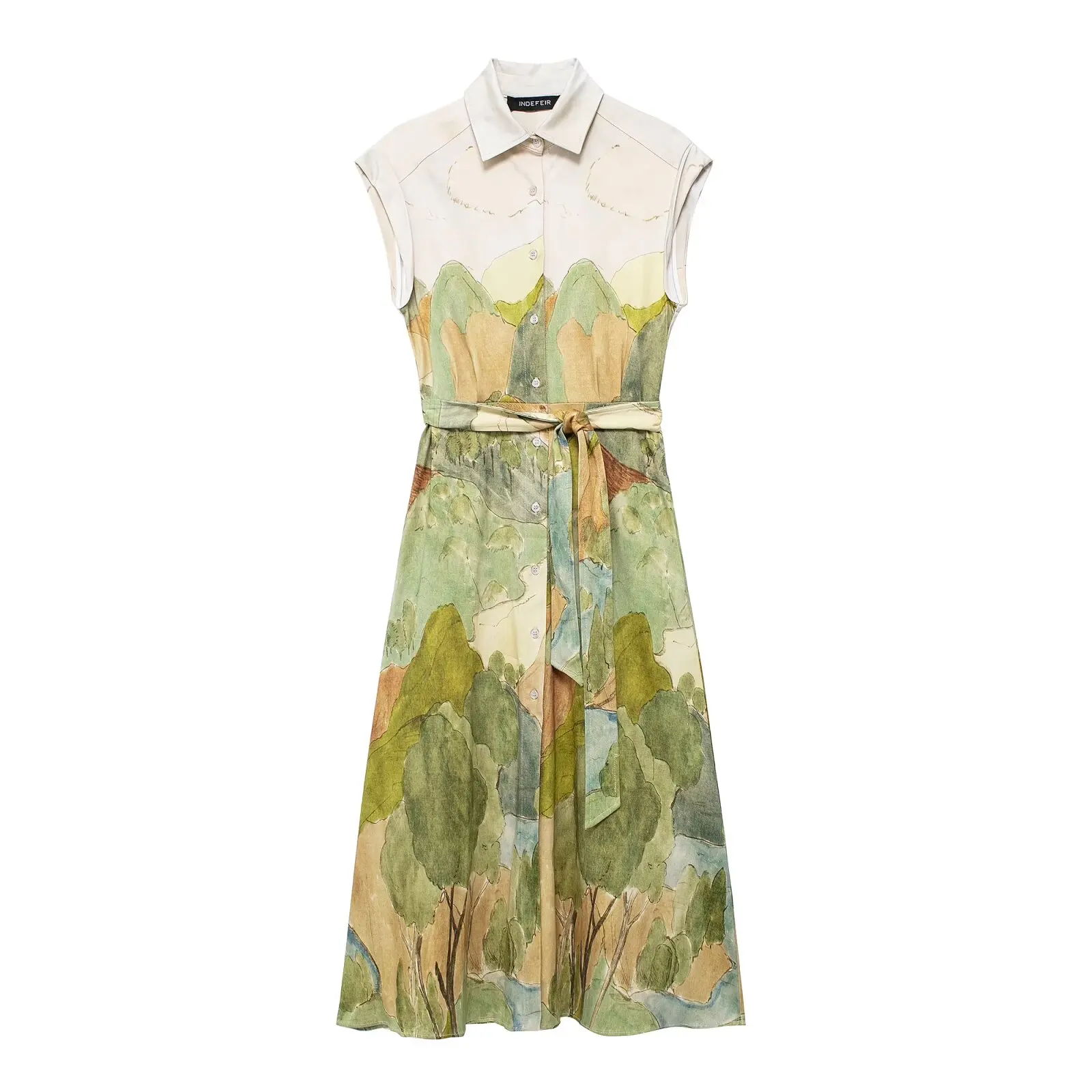 

Print Shirt Style Dress For Women Summer Sexy Slim Sleeveless Midi Dress Sashes Buttons Decoration Casual Pleated Dresses