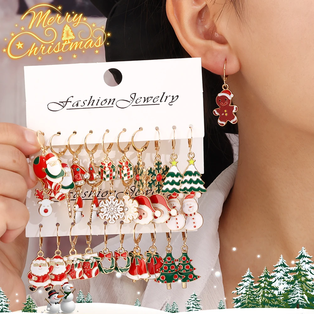 5 Pairs/Set Clip Earring for Women Xmas Tree Snowflake Crutch Santa Claus Ear Clip Girls Christmas Party Jewelry Gift chain ear clips
