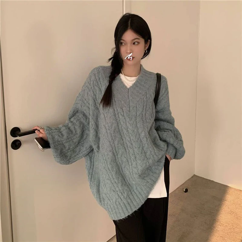 Oversized Sweater Women Fashion Preppy Pink V Neck Knitted Pullovers Harajuku Korean Long Sleeve Knitwear Winter Jumpers
