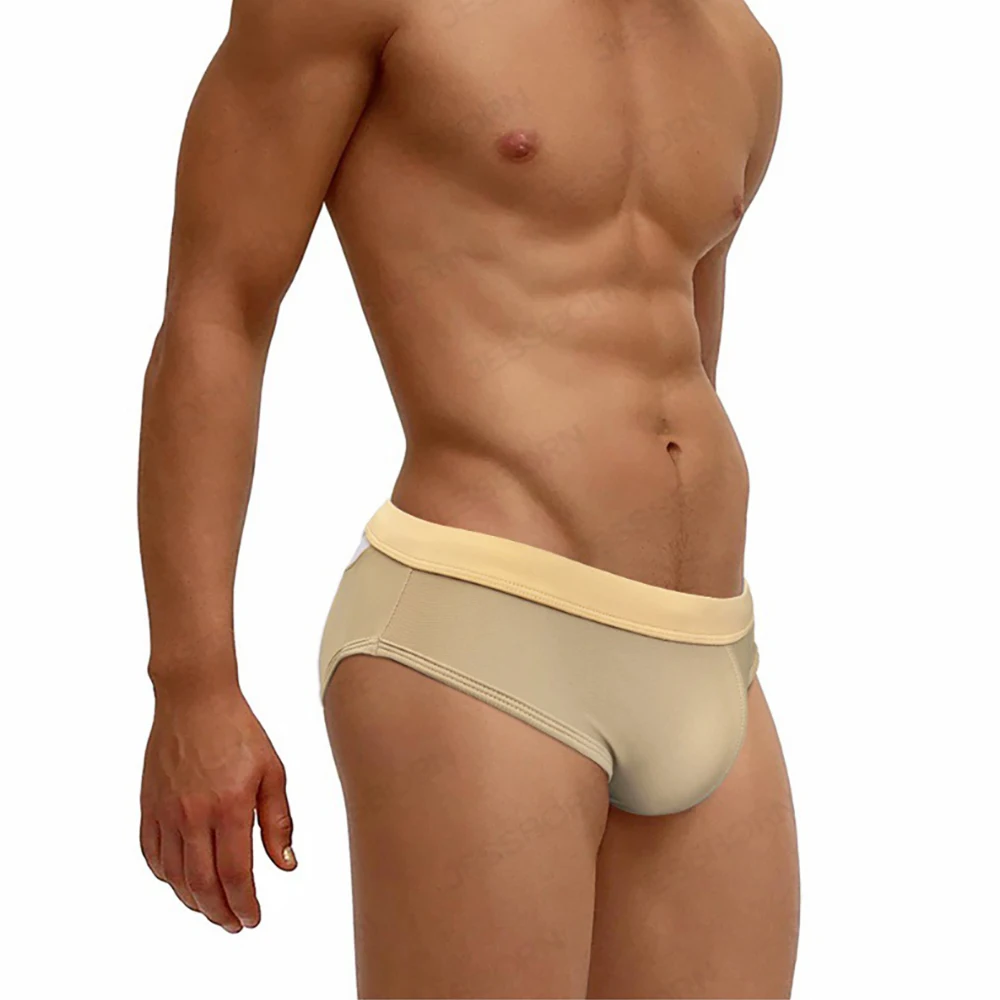 Men Mesh Stitching Solid Color Swimming Briefs Summer Fashion Low Waist Sexy Beach Surf Quick Dry With Push Pad Bikinis