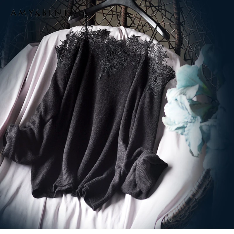 

Chic Sexy Fairy Ladies' Fashion Long Sleeved Exquisite Embroidered Lace Sling Off-Shoulder Sweater Black Top Pullovers Female