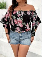 Plus Size Summer Women Elegant Chiffon Shirt Floral Print Off the Shoulder Tops Ruffle Sleeve Curve Clothing 3