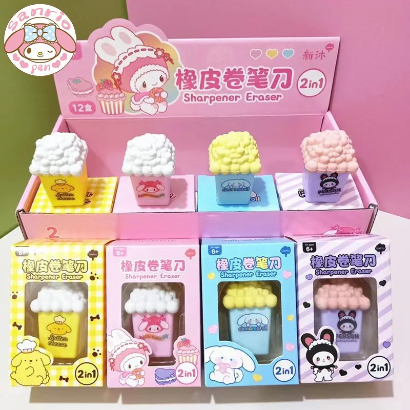 

Sanrio Cute Eraser Rotating Pencil Sharpener 12/24pcs Two-in-one Creative Kuromi My Melody Cartoon Stationery Gift Wholesale