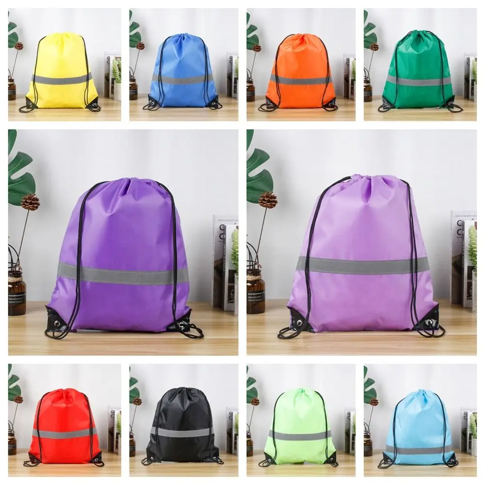 

Reflective Stripe Drawstring Gym Backpack 210D Polyester Waterproof Nylon Sports Shoulder Bag Foldable Portable Fitness Handbag