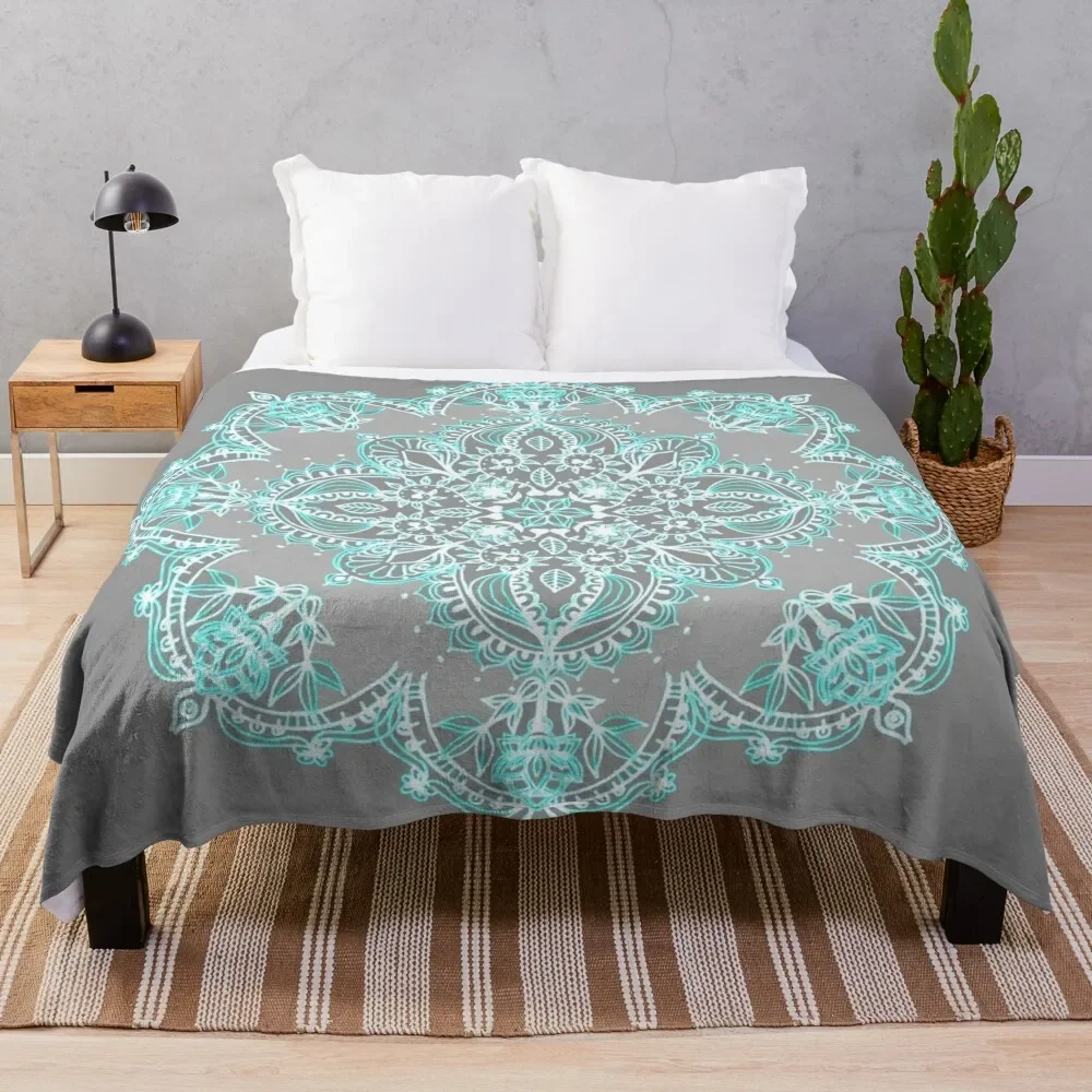

Teal and Aqua Lace Mandala on Grey Throw Blanket Plaid Thin Blankets