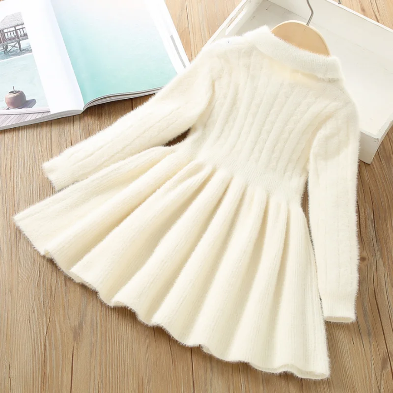 Children's Long Sleeve Fluffy Dress New Fashion Solid Wool Girls