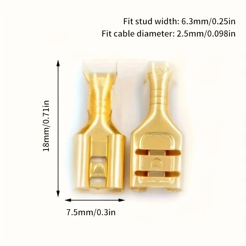 100pcs 6.3mm Golden Brass Car Speaker Female Shovel-shaped Terminal Wire Connector