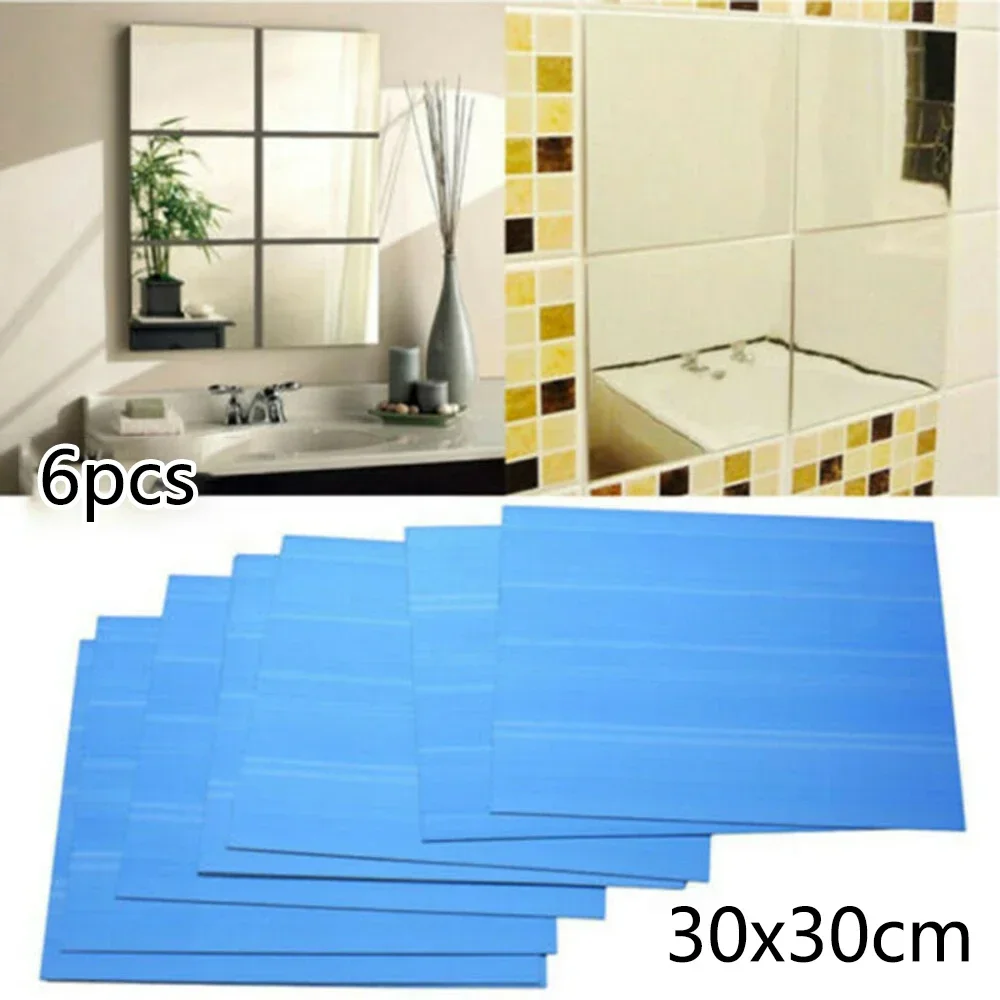 6Pcs 30CM Square Mirror Wall Sticker Removable Acrylic Mosaic Mirror Wall Sticker Decals for Home Room Living Bedroom Decoration