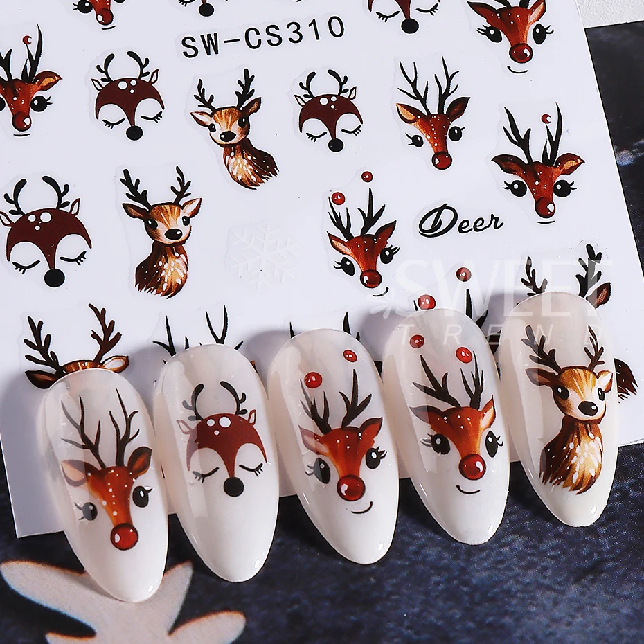 2pcs Christmas Nail Stickers Self-Adhesive Cartoon Elk Retro Petals Reindeer Design Nail Decals DIY Manicure Decoration Sliders