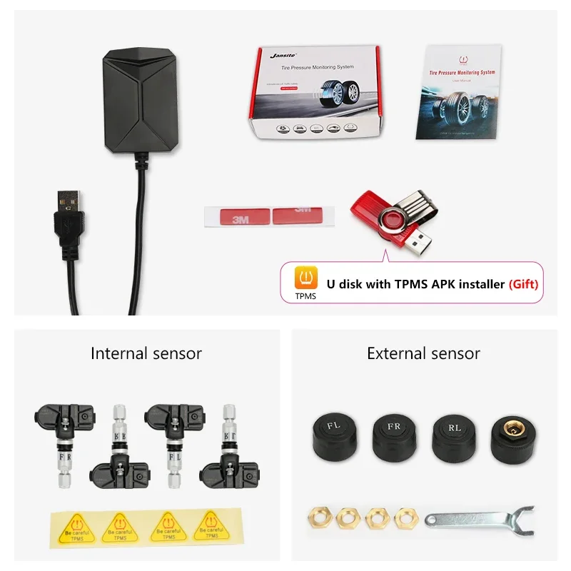 Système de surveillance d'alarme de pression de voiture TPMS USB pour voiture, lecteur de navigation Android, capteurs internes externes, jauge d'opathie, peu clair ite