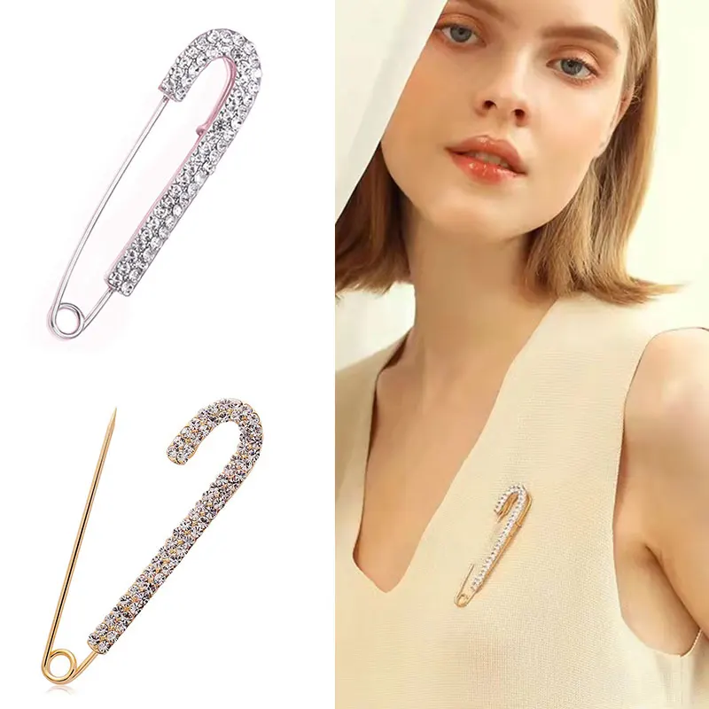 7cm Silver Color Metal Collar Pin Crystal Rhinestone Brooch For Women's Cardigan Fixed Clothes Buckle Simple Clothes Accessories